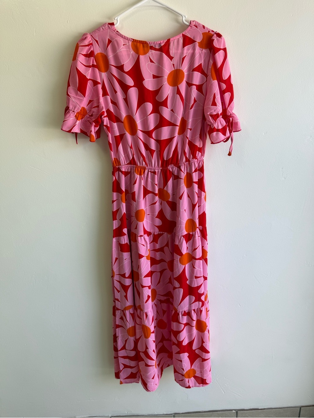 Bright Pink Floral Tie Front Tiered Skirt Maxi Dress size Small - Picture 2 of 6